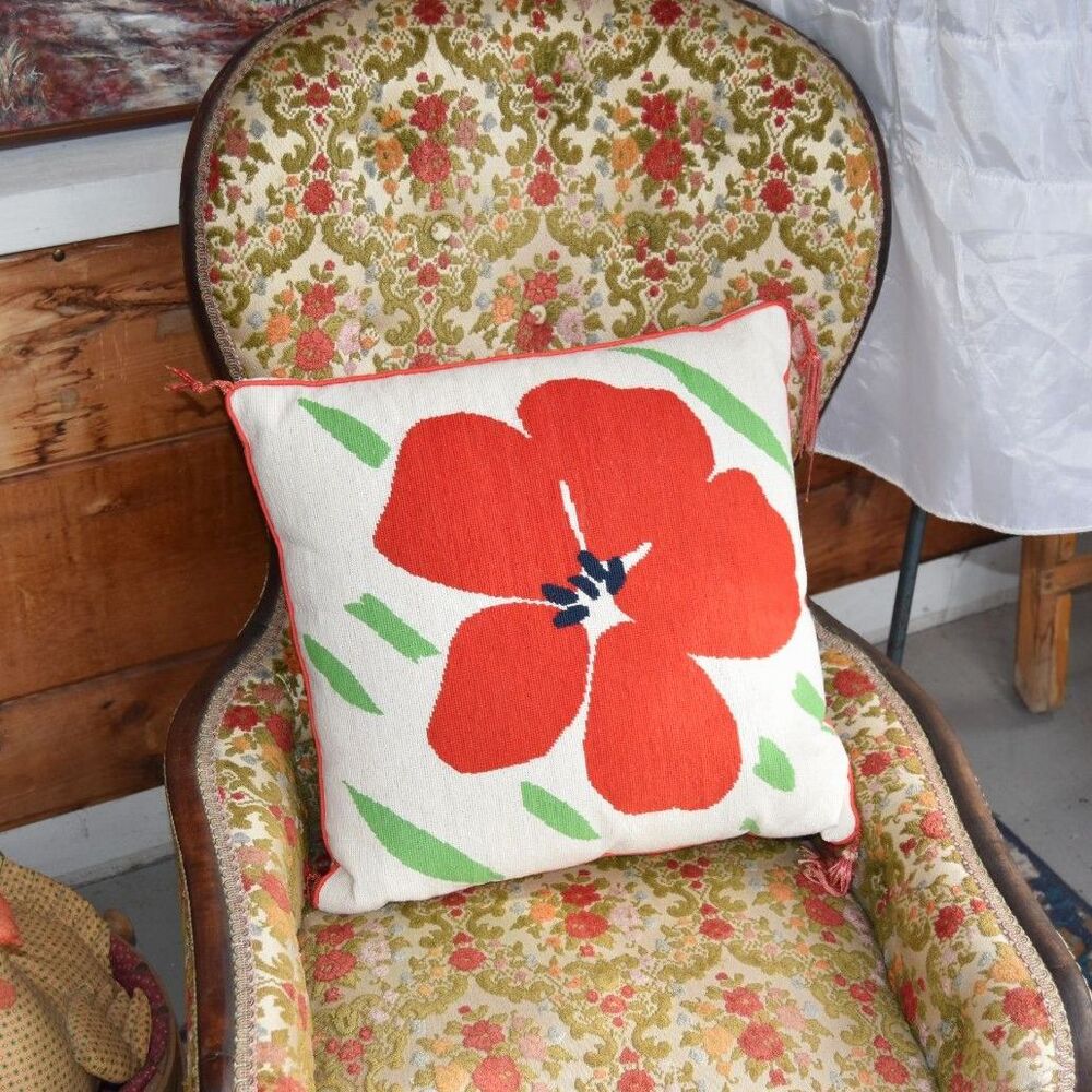 1970s Red Poppy Floral Needlepoint Throw Pillow 17x16 Tassels Zip Closure